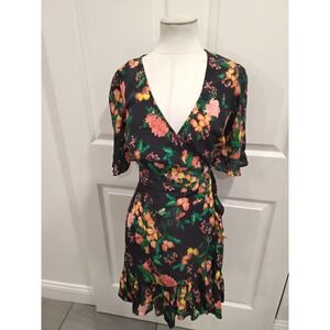 NWT ZARA Floral Wrap Dress Midi Ruffle Sleeve V Neck‎ Black Pink Yellow- M